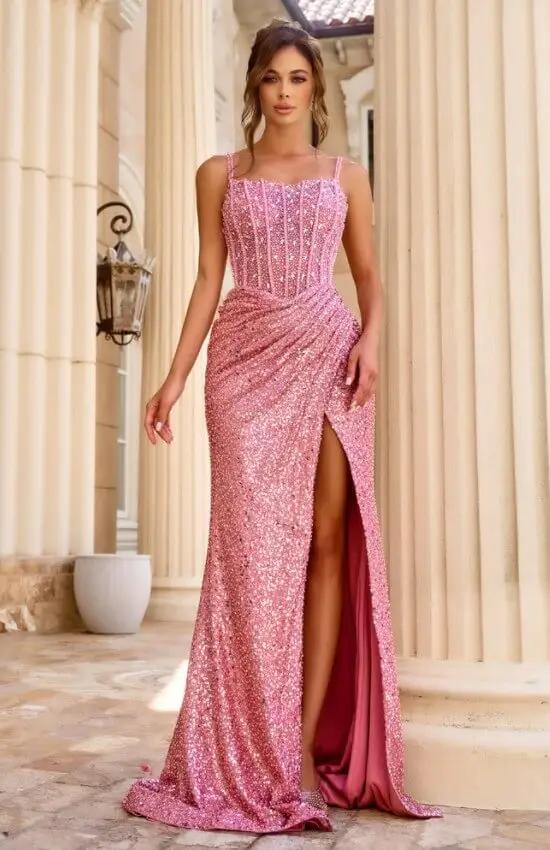 model wearing pink prom dress